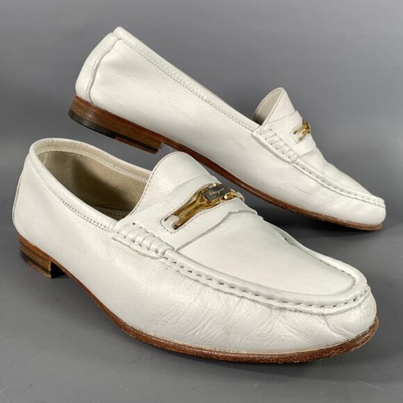 SALVATORE FERRAGAMO Size 9.5 White Gold Crackled Leather Penny Loafers main image 4